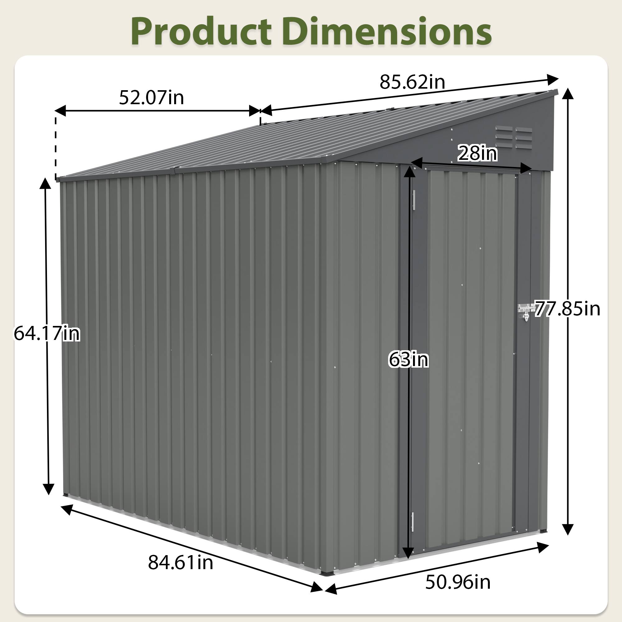 Angle. TinyHomie - 4 x 7FT Lean-To Shed in Olive grey Heavy-Duty Steel Outdoor Storage for Garden Tools and Bicycles All-Weather Protection.