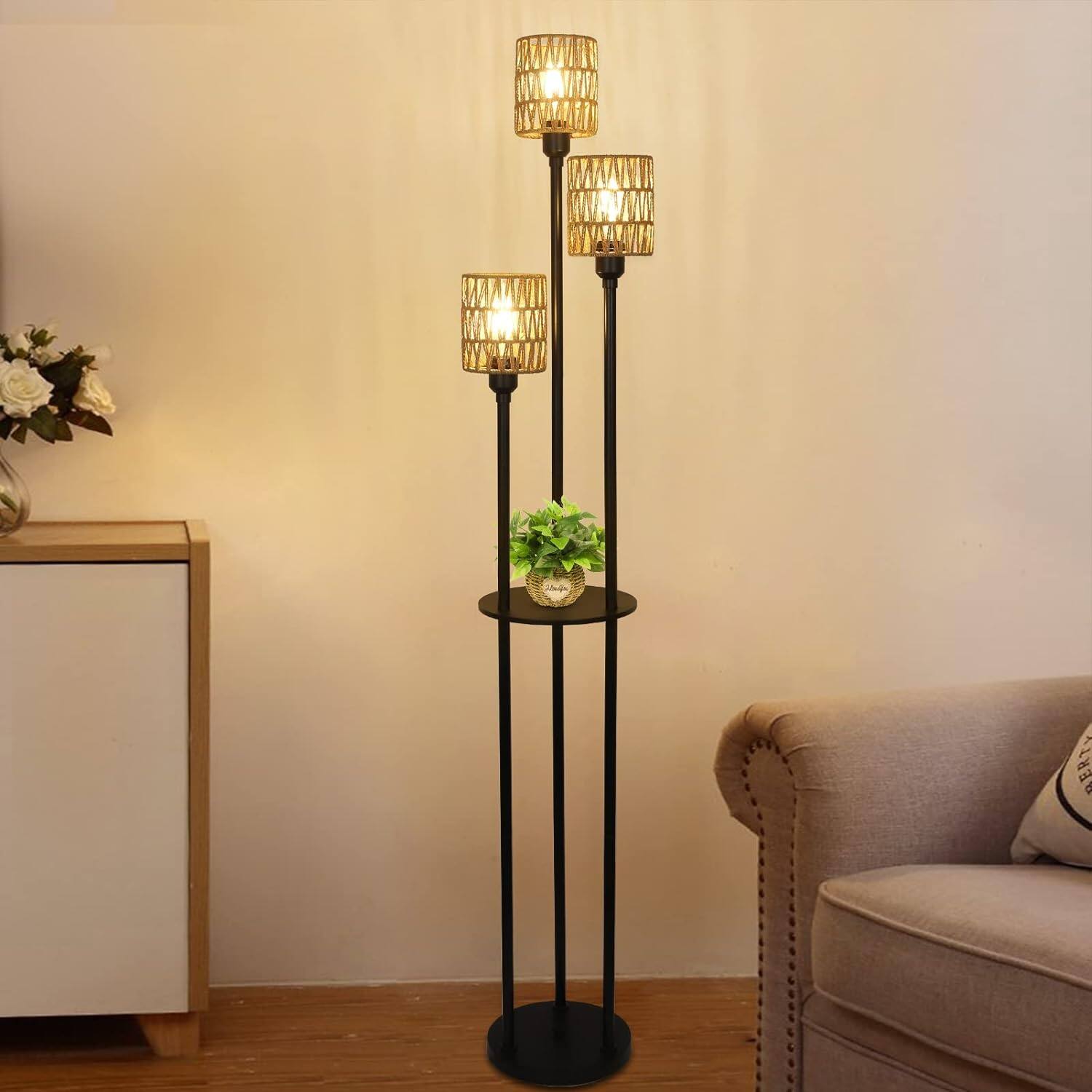 Alt View 1. Z-Edge - Boho Floor Lamp with Shelves, 3-Lights Farmhouse Tall Floor Lamp,Rustic Standing Lamp with Rattan Shades for Living Room - Black.