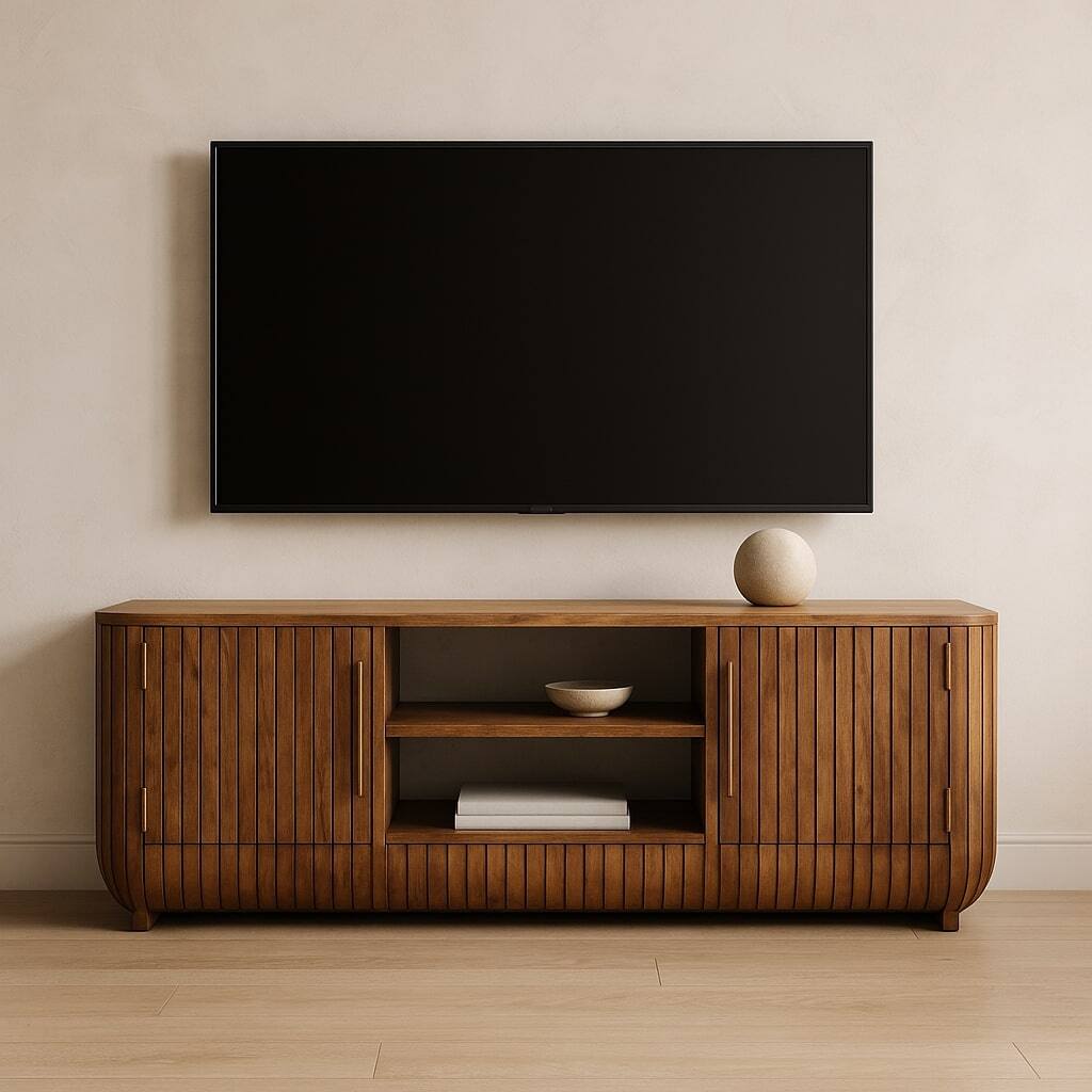 Alt View 2. Artisan Furniture - Artisan Furniture Solid Wood Fluted Media Console with Shelves - Brown.