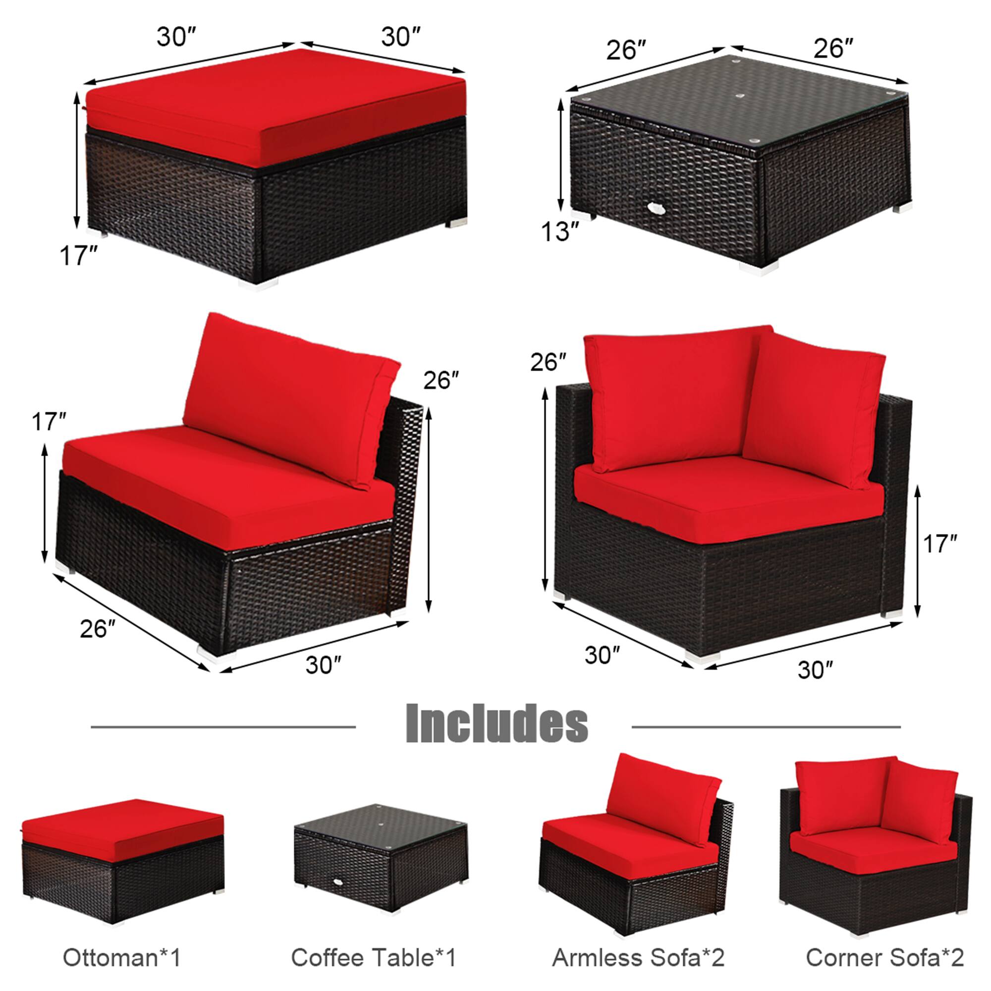 30" x 30" x 17" Ottoman*1  
26" x 26" x 13" Coffee Table*1  
26" x 30" x 17" Armless Sofa*2  
30" x 30" x 17" Corner Sofa*2