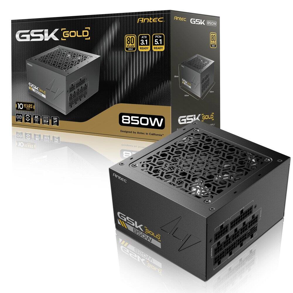 GSK GOLD  
Antec GSK BSOW  
ATX PCle 80+ 3.1 5.1 BI PLUS  
80+ GOLD  
10 YEARS WARRANTY  
850W  
Designed by Antec in California  
850W  
Antec GSK GOLD  
850W  
10 YEARS WARRANTY  
PCIE READY  
80+ GOLD  
Antec GSK GOLD  
850W
