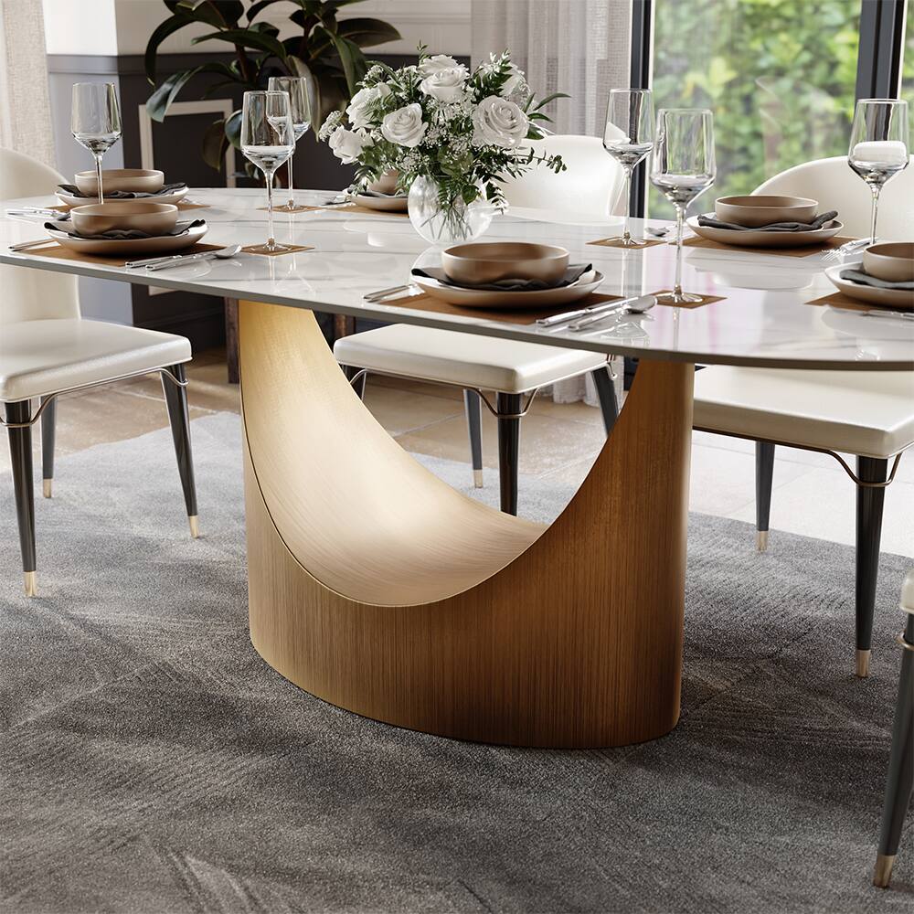 Alt View 2. POVISON - 71"Hobart Modern Oval Dining Table for 6, White Oval Glossy Sintered Stone Kitchen Table, Bronze Carbon Steel Base - White.