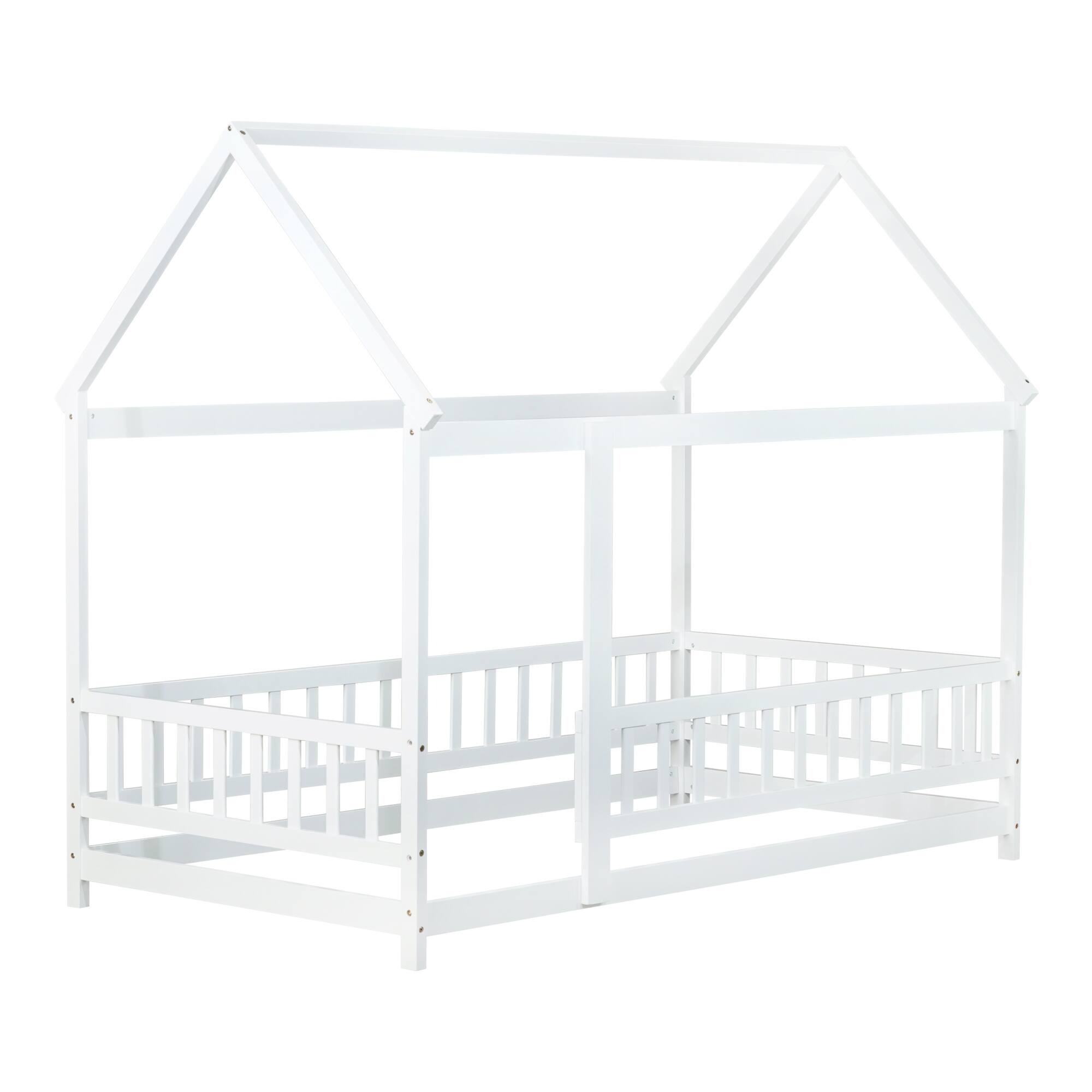 Alt View 6. GOODSILO - Twin Size House-Shaped Floor Bed with Safety Guardrails and Roof Frame, Grey Finish Wooden Playful Sleep Solution - White.