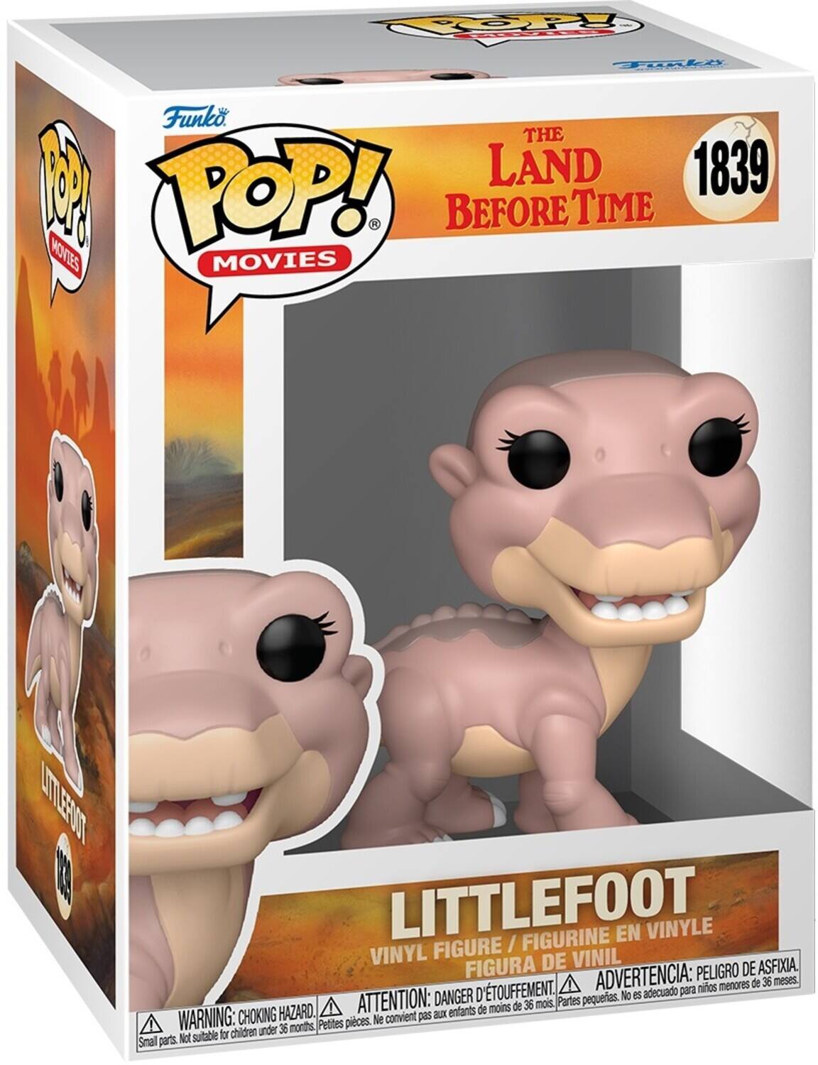 Sure, here is the corrected and grouped text from the image:

---

**Funko POP! MOVIES**

**THE LAND BEFORE TIME**

**LITTLEFOOT**

**VINYL FIGURE / FIGURINE EN VINYLE / FIGURA DE VINIL**

**WARNING: CHOKING HAZARD. Small parts. Not suitable for children under 36 months.**

**ATTENTION: DANGER D'ÉTOUFFEMENT. Petites pièces. Ne convient pas aux enfants de moins de 36 mois.**

**ADVERTENCIA: PELIGRO DE ASFIXIA. Partes pequeñas. No es adecuado para niños menores de 36 meses.**

**1839**

---