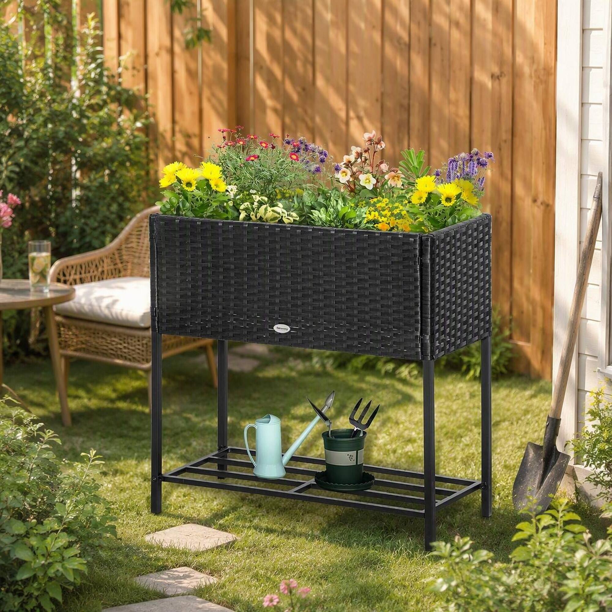 Alt View 2. RYHNUYNE - Raised Garden Bed Planter Box with Rattan Look, Steel Frame, Storage Shelf, Portable for Herbs Vegetables Flowers - Black.