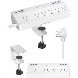 PARKER SLATER - Desk Clamp Power Strip with 40W Fast Charging, 6 Outlets, 6 USB Ports (2 USB-C), Removable Mount, 10FT Cord, Fits 1.8" D - White