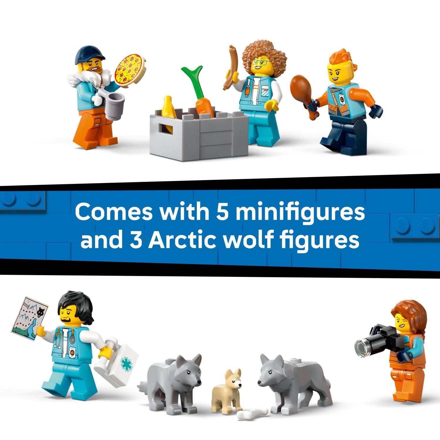Comes with 5 minifigures and 3 Arctic wolf figures