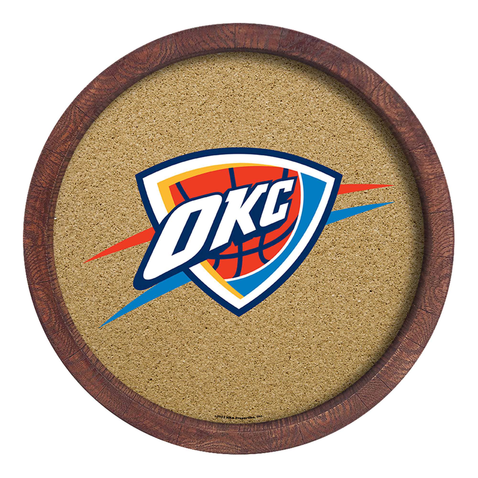 Oklahoma City Thunder 20.25'' Round Faux Barrel Framed Cork Board