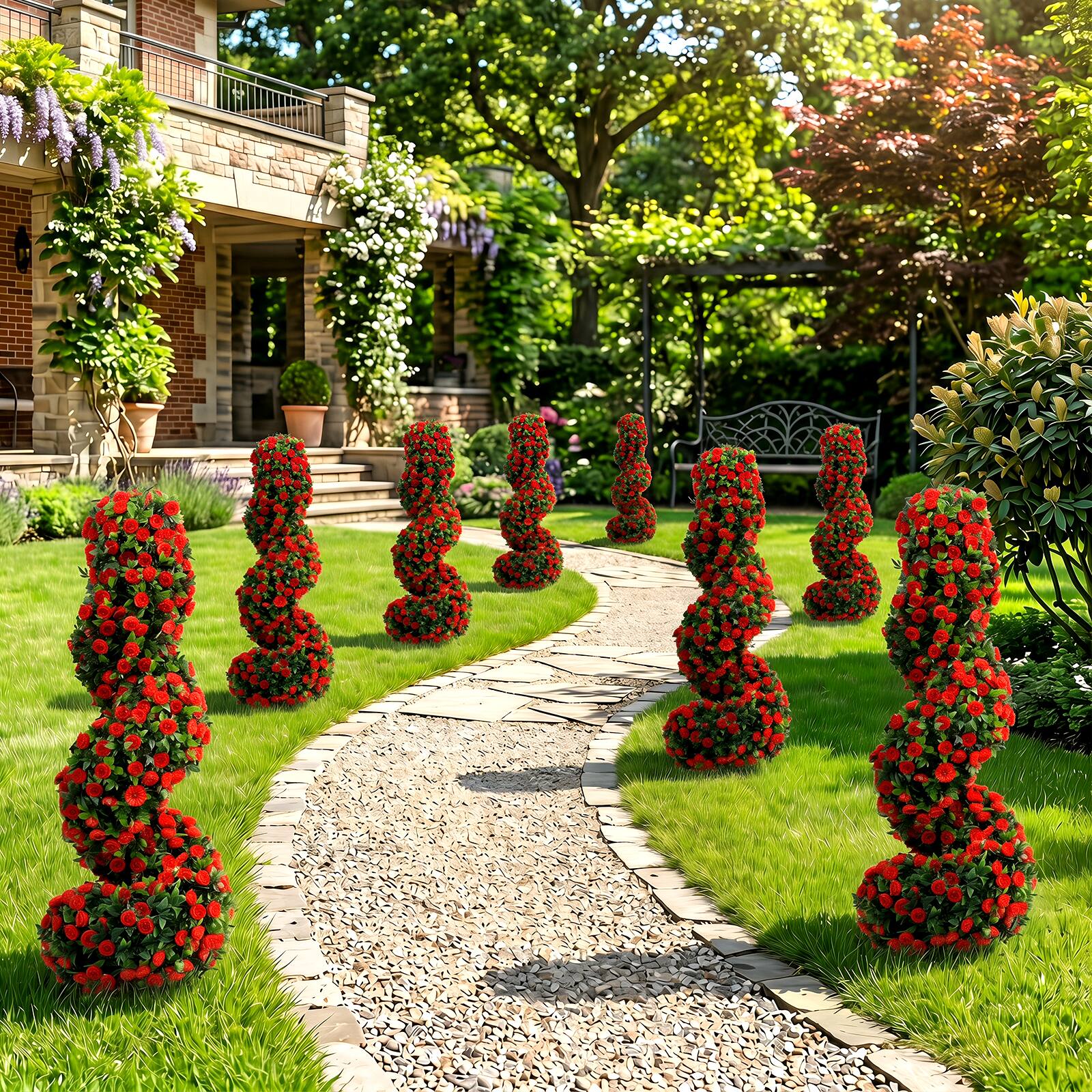 Alt View 5. Gymax - Gymax Artificial Spiral Topiary Trees Set of 2 w/ Sun Protection & Ground Spikes Red - Red.