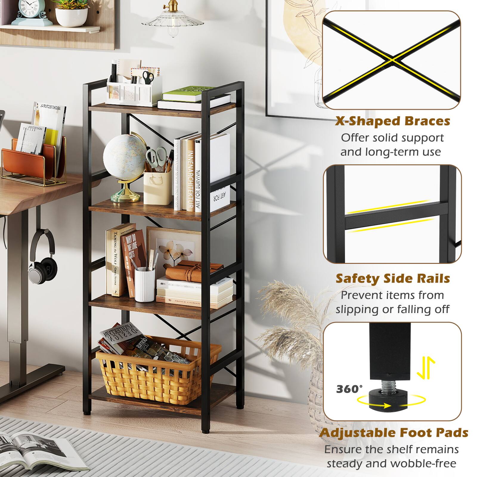 - X-Shaped Braces Offer solid support and long-term use
- Safety Side Rails Prevent items from slipping or falling off
- 360° Adjustable Foot Pads Ensure the shelf remains steady and wobble-free