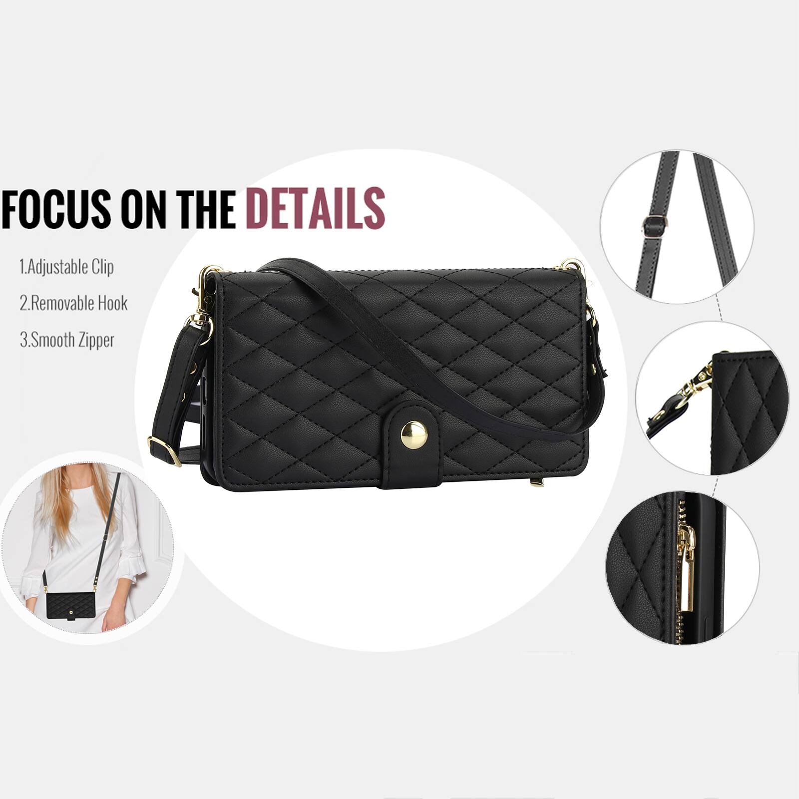 FOCUS ON THE DETAILS  
1. Adjustable Clip  
2. Removable Hook  
3. Smooth Zipper