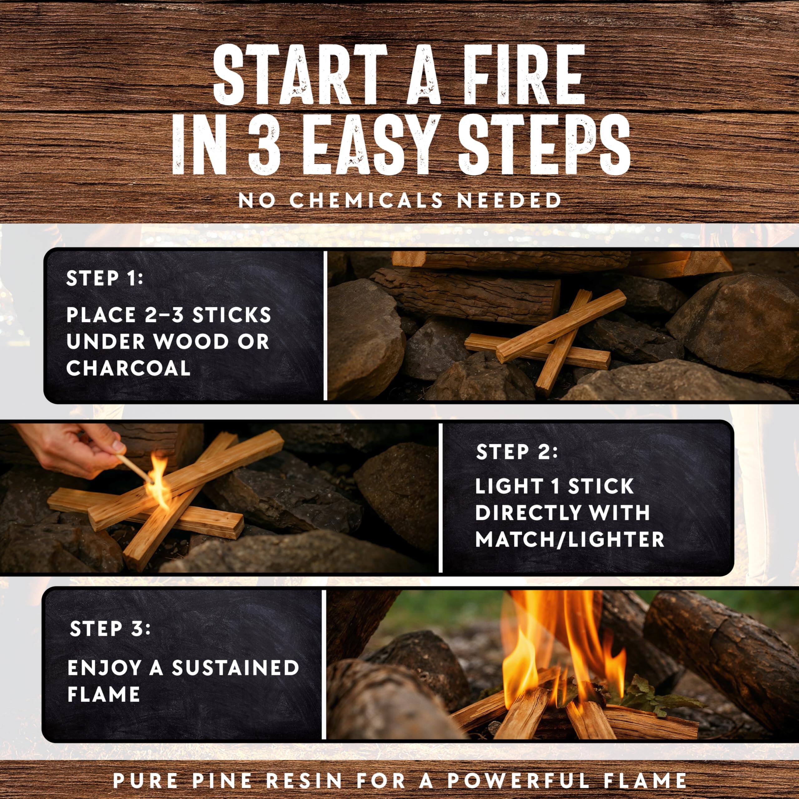 START A FIRE IN 3 EASY STEPS  
NO CHEMICALS NEEDED  

STEP 1:  
PLACE 2-3 STICKS UNDER WOOD OR CHARCOAL  

STEP 2:  
LIGHT 1 STICK DIRECTLY WITH MATCH/LIGHTER  

STEP 3:  
ENJOY A SUSTAINED FLAME  

PURE PINE RESIN FOR A POWERFUL FLAME