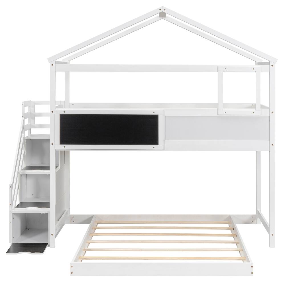 Alt View 4. Loheer - Loheer Twin Over Full House Bunk Bed with Storage Staircase and Blackboard White - White.