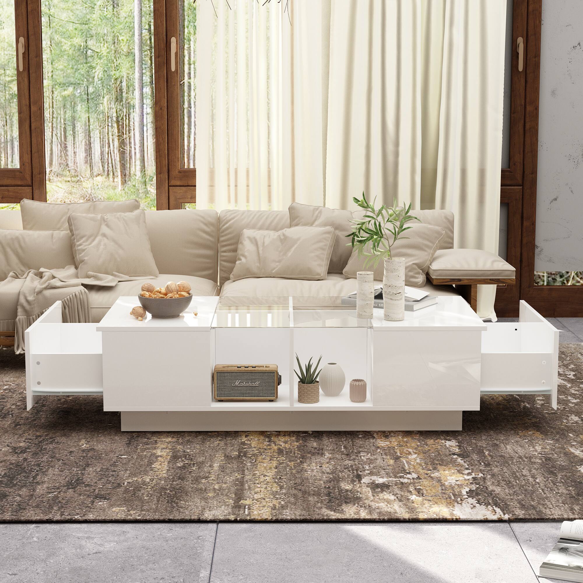 Left. FUFU&GAGA - Modern LED Coffee Table with Storage Drawers and Open Shelves for Living Room Organization and Ambient Lighting - White.