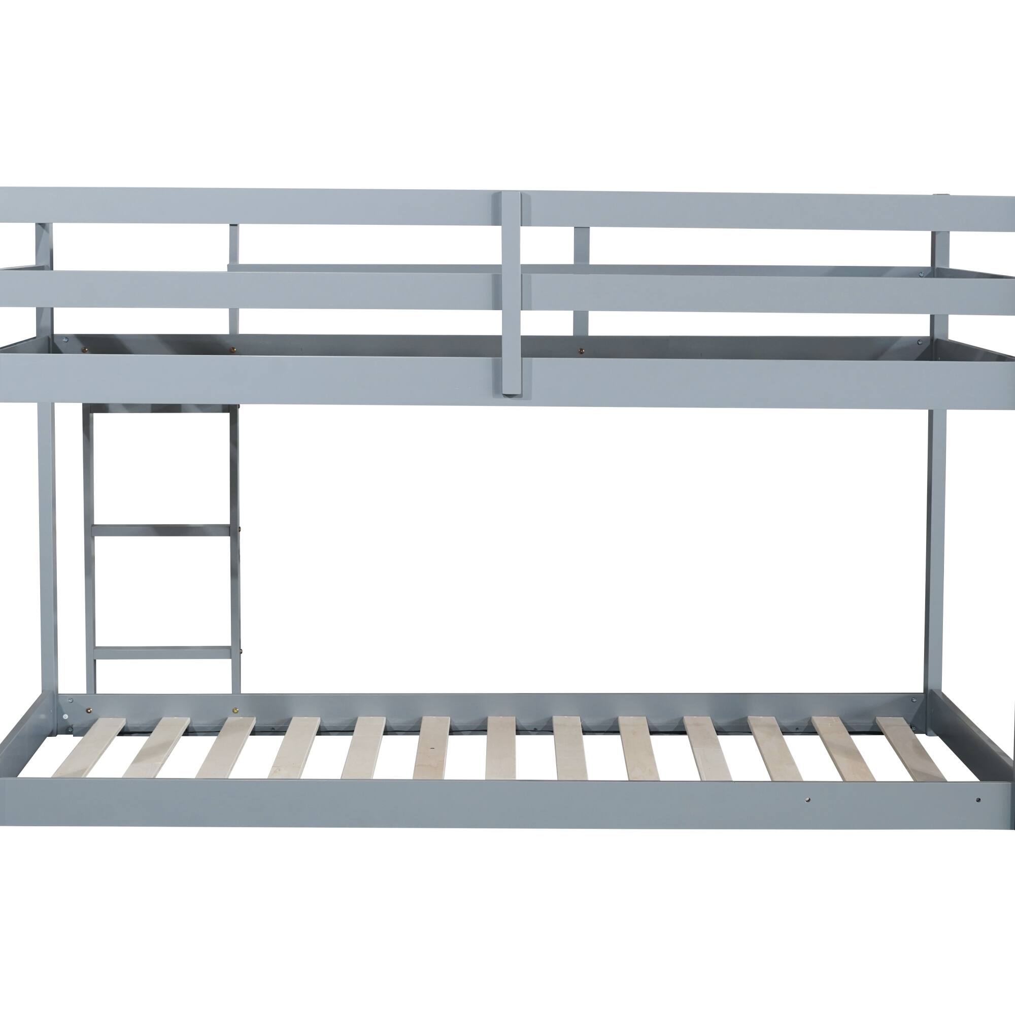 Left. GOODSILO - Solid Wood Twin Over Twin Floor Bunk Bed with Ladder and Strengthened Slats for Enhanced Stability - Grey.