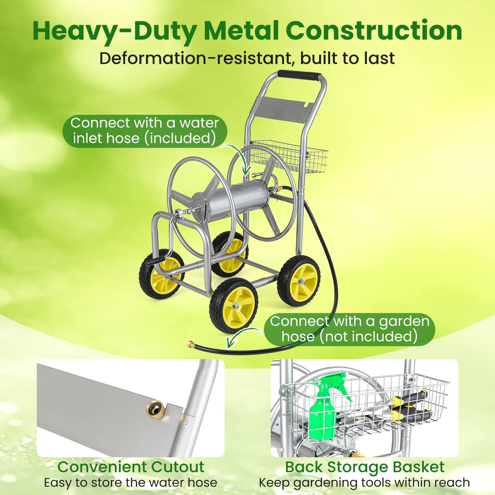Heavy-Duty Metal Construction  
Deformation-resistant, built to last  

Connect with a water inlet hose (included)  

Connect with a garden hose (not included)  

Convenient Cutout  
Easy to store the water hose  

Back Storage Basket  
Keep gardening tools within reach