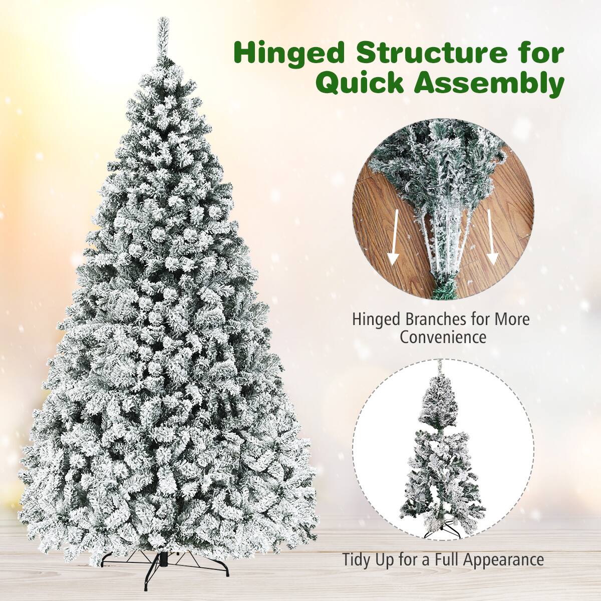 Hinged Structure for Quick Assembly - This Christmas tree has a hinged structure that makes it easy to assemble.
Hinged Branches for More Convenience - The tree also features hinged branches that provide additional convenience.
Tidy Up for a Full Appearance - To achieve a full appearance, the tree can be tidied up with additional decorations.