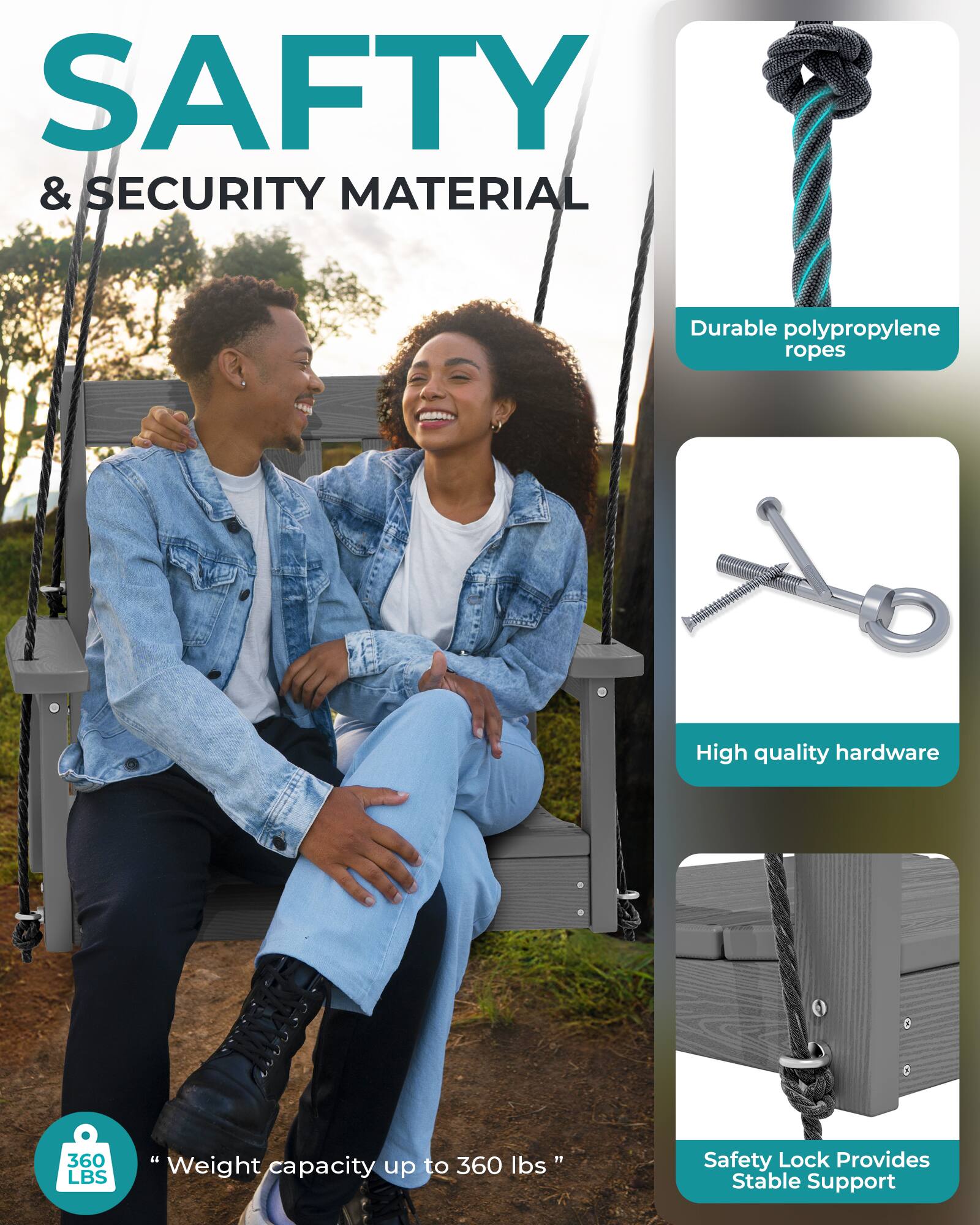 SAFETY & SECURITY MATERIAL

- Durable polypropylene ropes
- High quality hardware
- Weight capacity up to 360 lbs
- Safety Lock Provides Stable Support