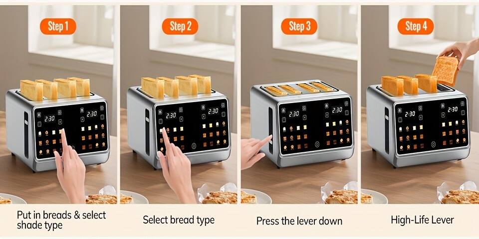 Step 1: Put in breads & select shade type

Step 2: Select bread type

Step 3: Press the lever down

Step 4: High-Life Lever