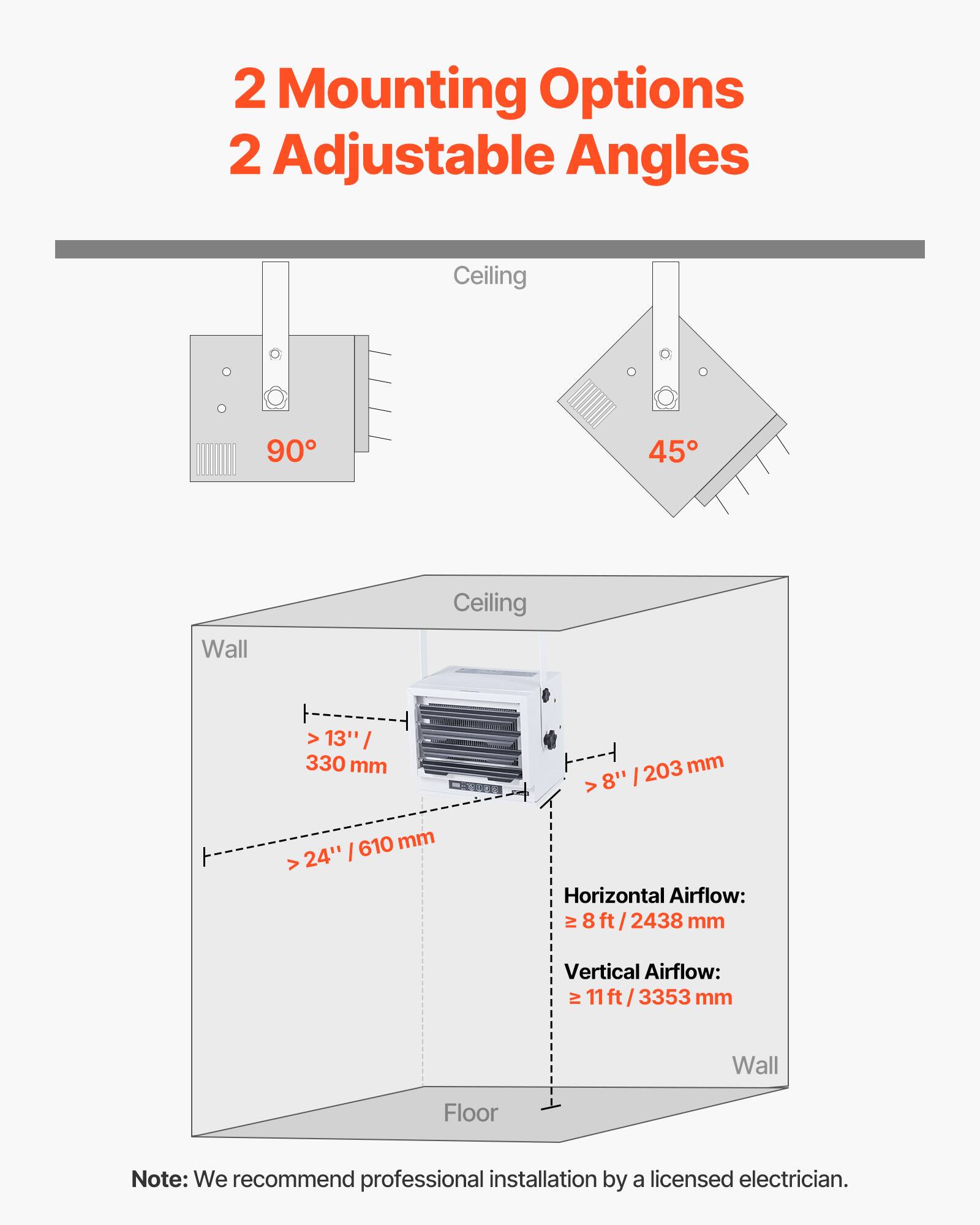 2 Mounting Options  
2 Adjustable Angles  

Ceiling  
90°  
45°  

Wall  
Ceiling  
13" / 330 mm  
610 mm  
24" / 610 mm  
>8" / 203 mm  

Horizontal Airflow: ≥ 8ft / 2438 mm  
Vertical Airflow: ≥ 11ft / 3353 mm  

Note: We recommend professional installation by a licensed electrician.