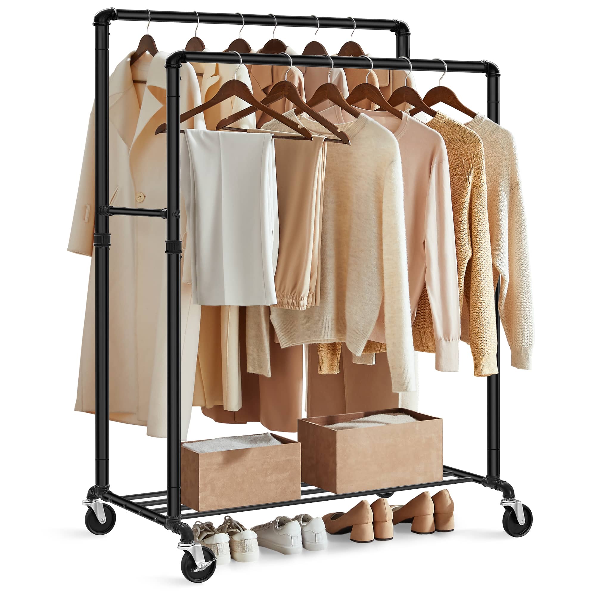 Songmics Home - Heavy-Duty Clothes Rack, Double-Rod Clothing Rack for Hanging Clothes, Industrial Garment Rack on Wheels, Metal Frame - Black