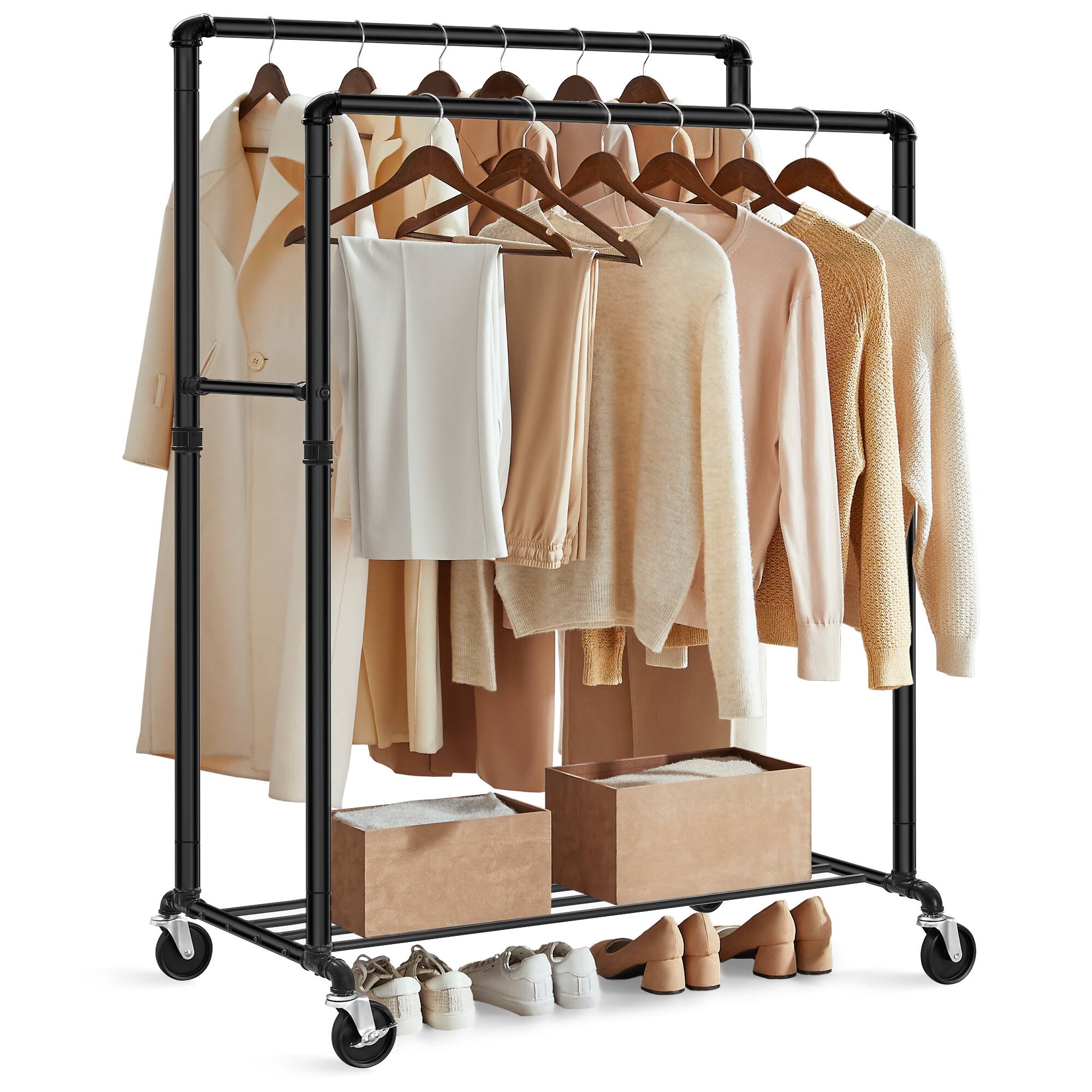 Front. Songmics Home - Heavy-Duty Clothes Rack, Double-Rod Clothing Rack for Hanging Clothes, Industrial Garment Rack on Wheels, Metal Frame - Black.