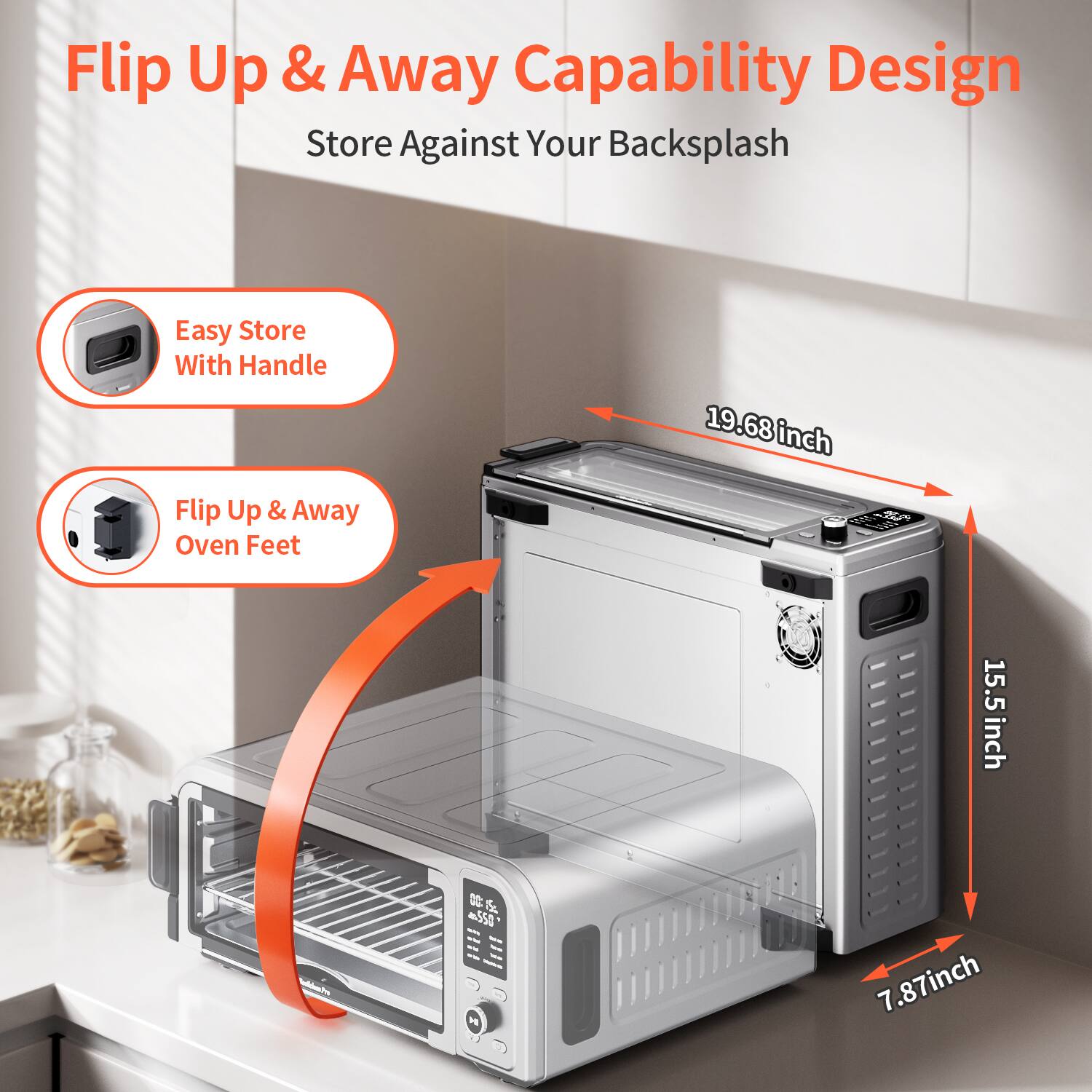 Flip Up & Away Capability Design  
Store Against Your Backsplash  

Easy Store With Handle  

Flip Up & Away Oven Feet  

19.68 inch  
15.5 inch  
7.87 inch
