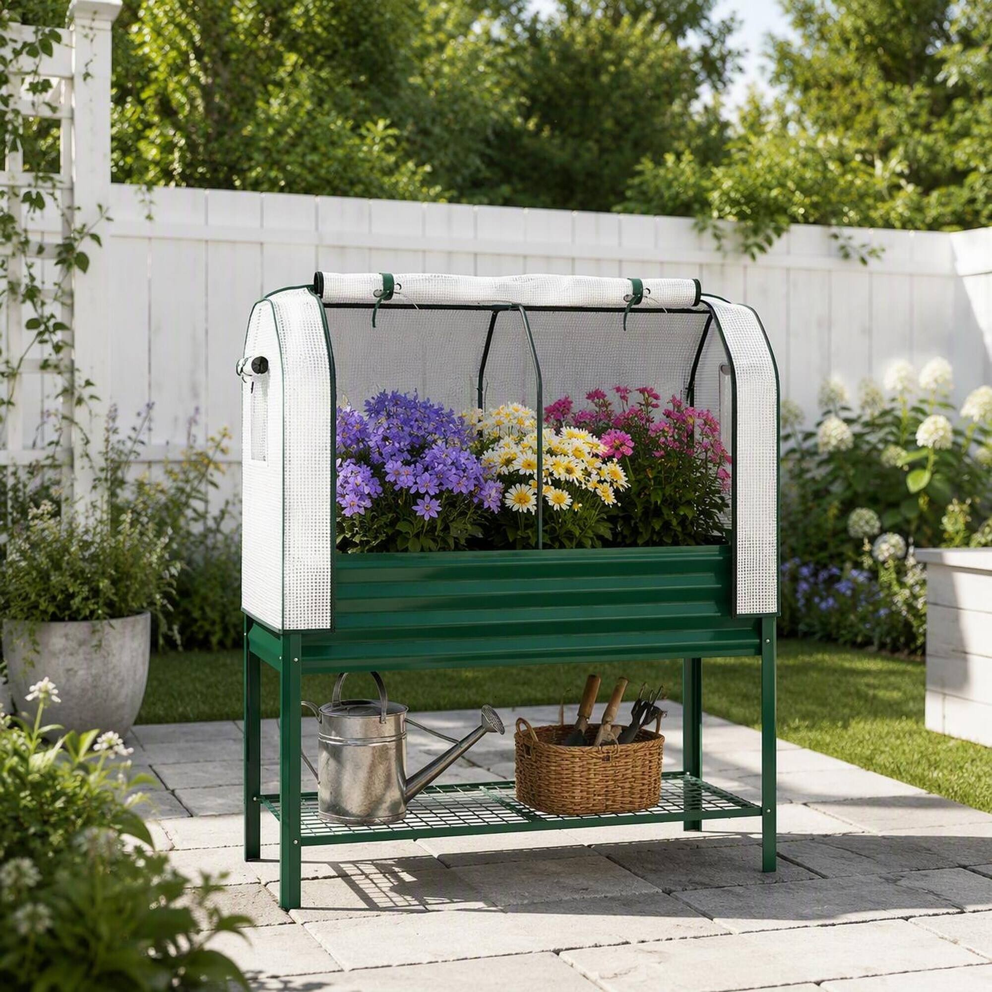 Back. RYHNUYNE - Raised Garden Bed with Greenhouse Cover, Galvanized Metal Planter Box on Legs with Mesh Shelf, 44 Gallon Outdoor - Green.