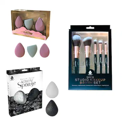 1. **Beauty Makeup Sponges**
- Non latex & Allergy Free
2. **Natural Facial Konjac Sponge**
- 2 Sponges
3. **5PCS STUDIO MAKEUP BRUSH SET**
- Powder Brush
- Angled Brush
- Eyeshadow Brush
- Eye Blending Brush
- Angled Brow Brush