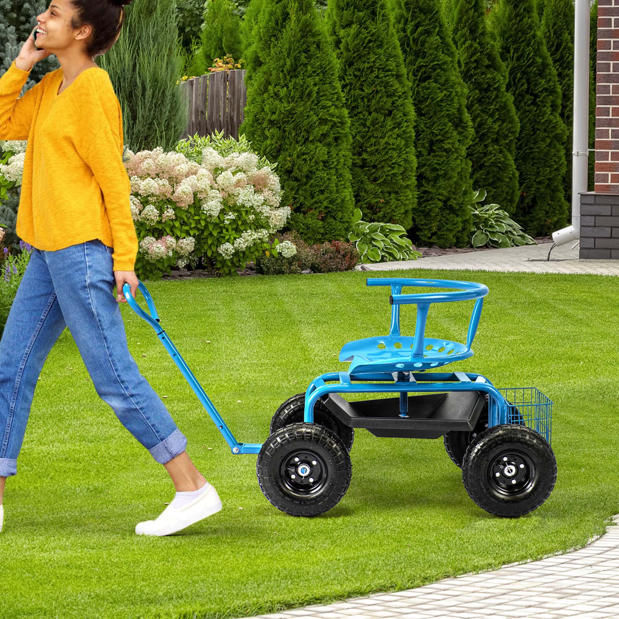 Alt View 3. Costway - Costway Rolling Garden Cart Height Adjustable Scooter with Swivel Seat & Tool Storage - Blue.