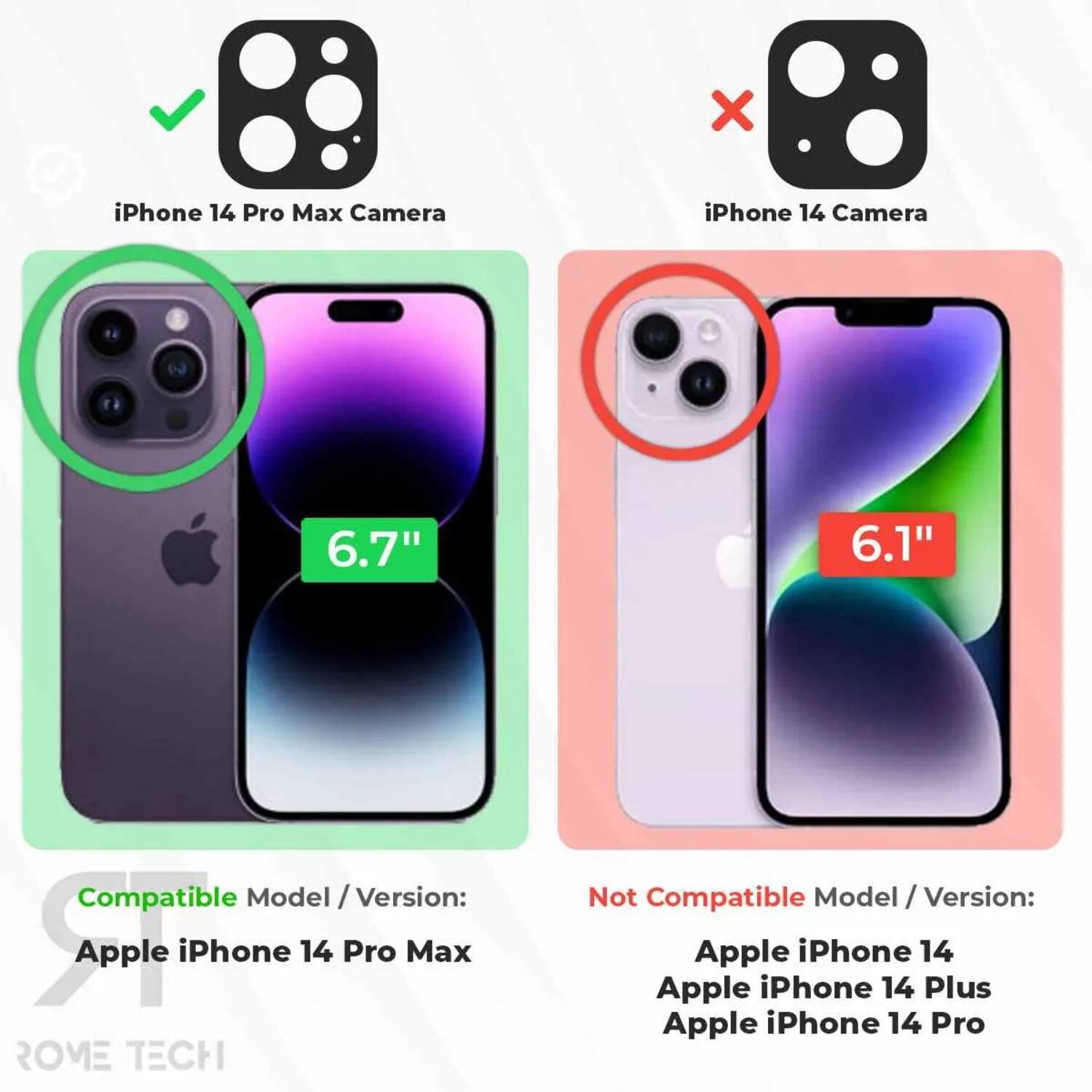 iPhone 14 Pro Max Camera  
6.7"  
Compatible Model / Version: Apple iPhone 14 Pro Max  

iPhone 14 Camera  
6.1"  
Not Compatible Model / Version: Apple iPhone 14, Apple iPhone 14 Plus, Apple iPhone 14 Pro