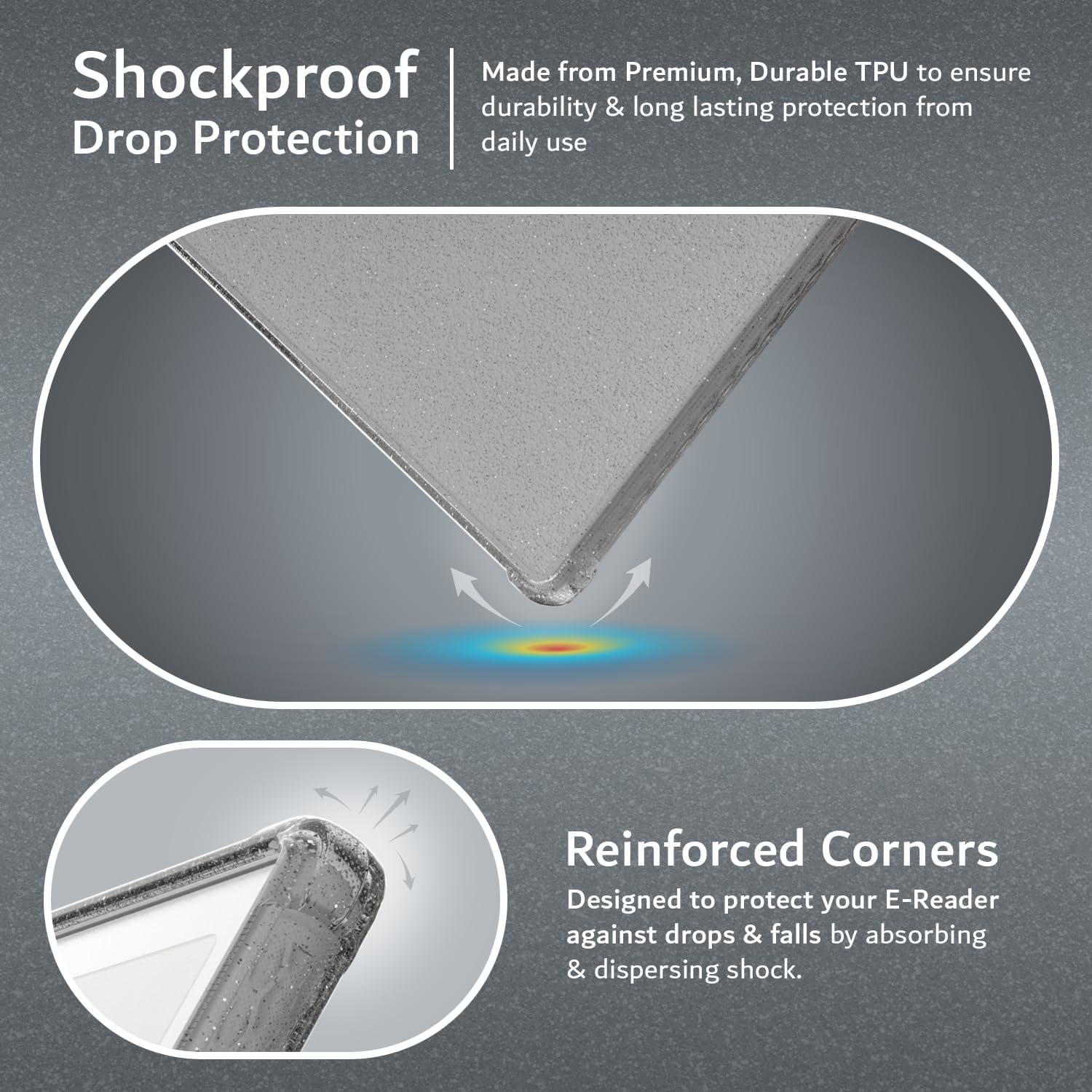 Shockproof Drop Protection

Made from Premium, Durable TPU to ensure durability & long lasting protection from daily use

Reinforced Corners

Designed to protect your E-Reader against drops & falls by absorbing & dispersing shock.