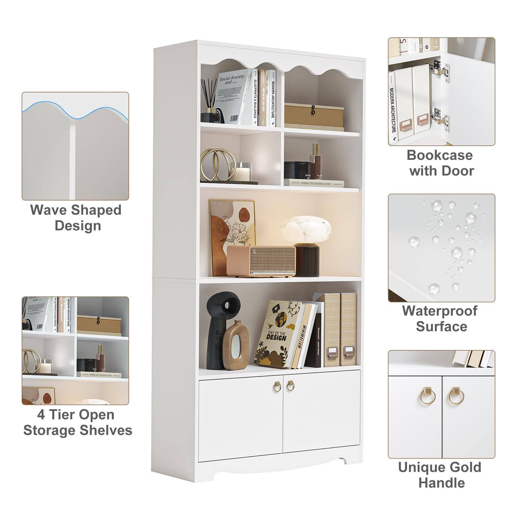 - Wave Shaped Design
- Bookcase with Door
- 4 Tier Open Storage Shelves
- Waterproof Surface
- Unique Gold Handle