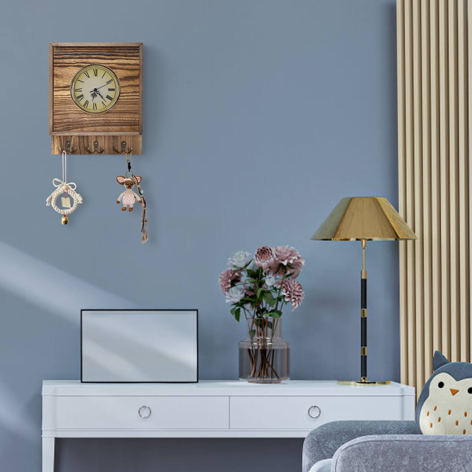 Alt View 2. Oumilen - Retro Wooden Wall Clock with Hidden Sliding Storage Cabinet & 3 Metal Hooks, Rustic Brown for Entryway Hallway - Light Brown.