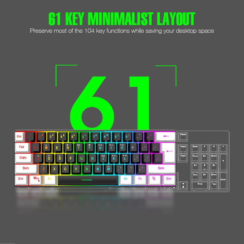 61 KEY MINIMALIST LAYOUT  
Preserve most of the 104 key functions while saving your desktop space  

Esc 1 2 3 4 5 6 7 8 9 0 - =  
Tab Q W E R T Y U I O P [ ] \  
Caps A S D F G H J K L ; '  
Shift Z X C V B N M , . /  
Ctrl Win Alt Fn Spacebar Alt Fn Ctrl  

Num Pad:  
7 8 9 +  
4 5 6 -  
1 2 3 Enter  
0 . / Num Lock