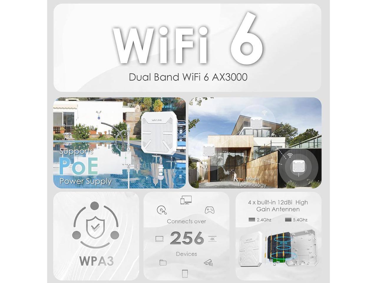 WiFi 6 Dual Band WiFi 6 AX3000  
WAYLINK  
Supports POE Power Supply  
Mesh Technology  
4 x built-in 12dBi High Gain Antennen  
WPA3  
Connects over 256 4K Devices  
2.4Ghz  
5.4Ghz