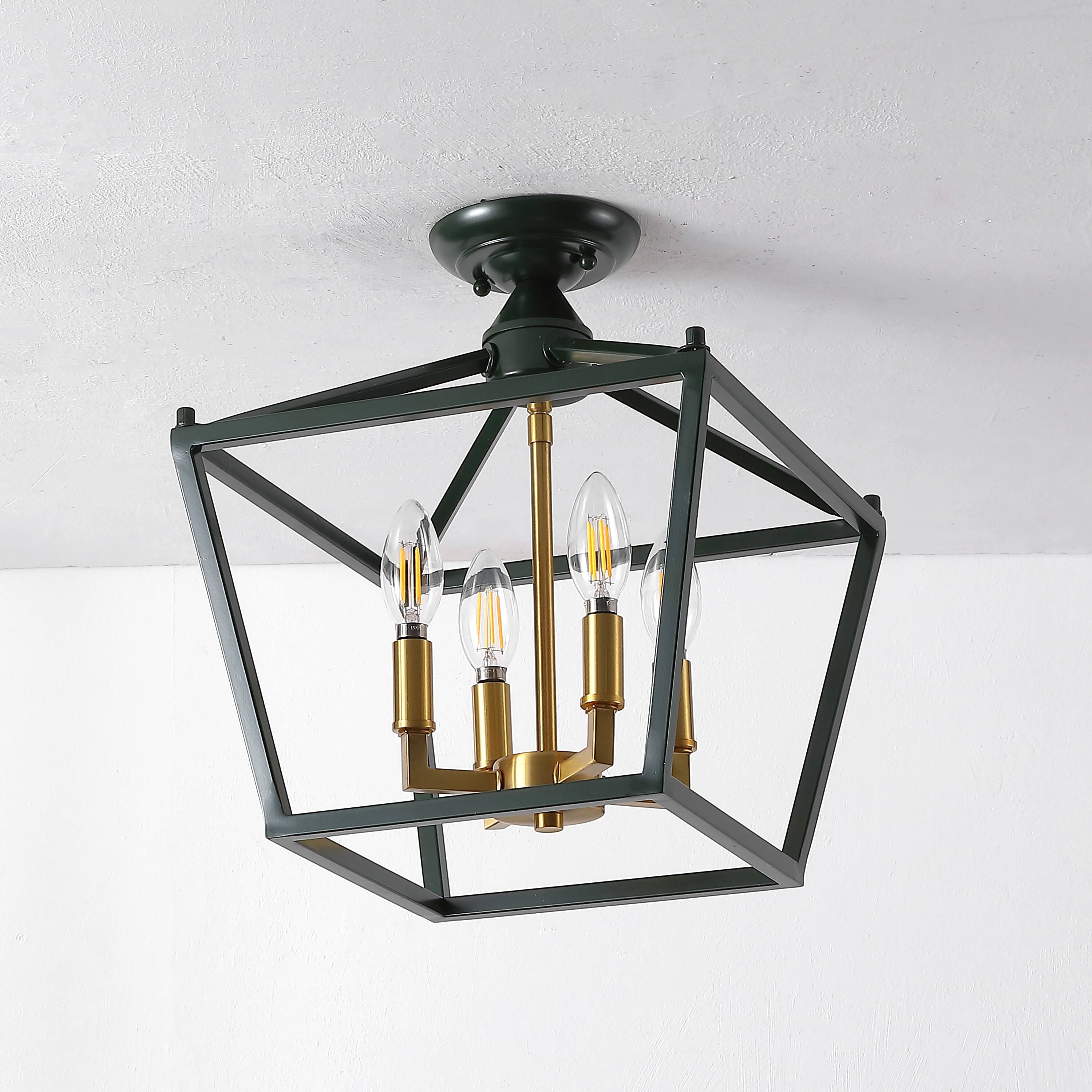 Alt View 5. Jonathan Y - Plains 12" 4-Light Modern Farmhouse Metal Open-Frame Pagoda LED Semi Flush Mount Mini Lantern, Dark Green/Brass Gold - Dark Green/Brass Gold.