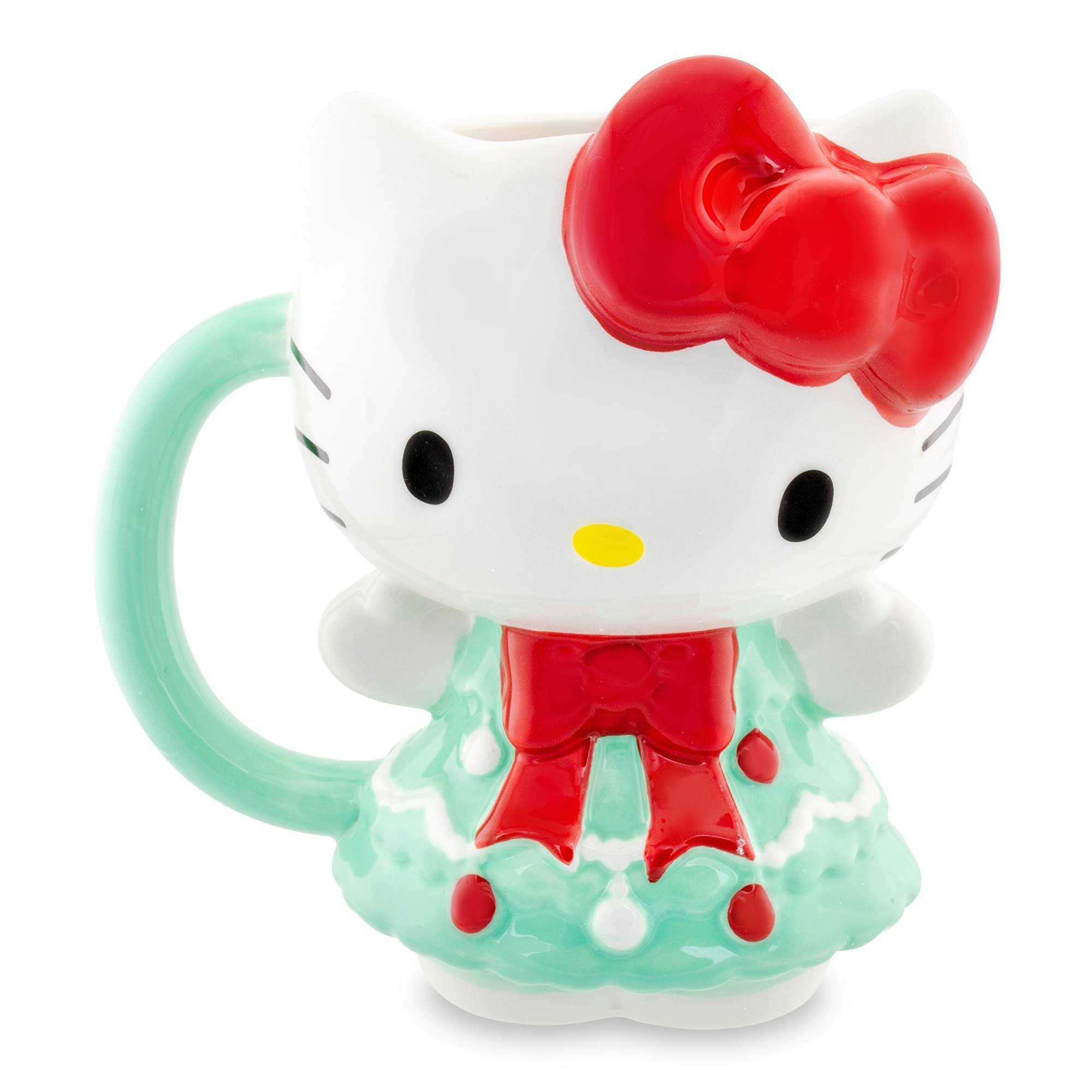 Front. Silver Buffalo - Sanrio Hello Kitty Holiday Tree Dress 3D Sculpted Ceramic Mug | Holds 20 Ounces - Green.