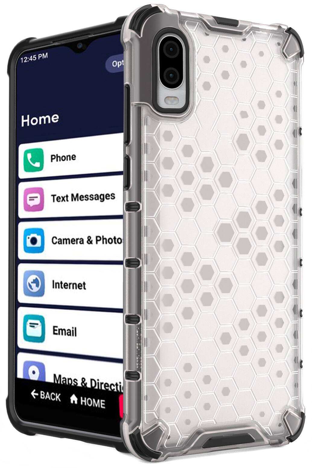 12:45 PM  
Opt  
Home  
Phone  
Text Messages  
Camera & Photo  
Internet  
Email  
Maps & Directions  
BACK  
HOME