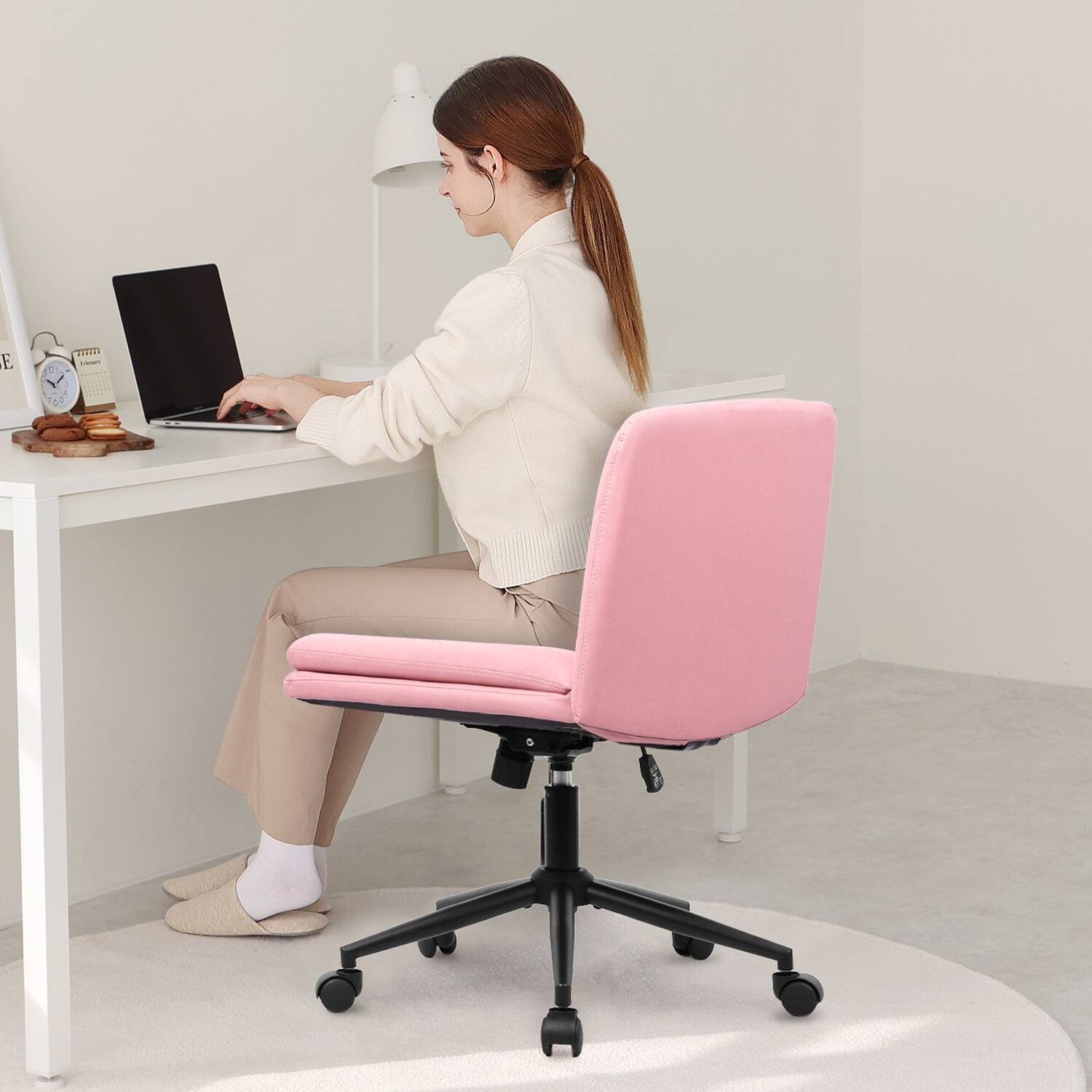 Left. Neo Chair - Criss Cross Chair with Wheels, Armless Cross-Legged Office Desk Chair, PU Leather Rolling Vanity Chair for Home Office - Leather-Pink.