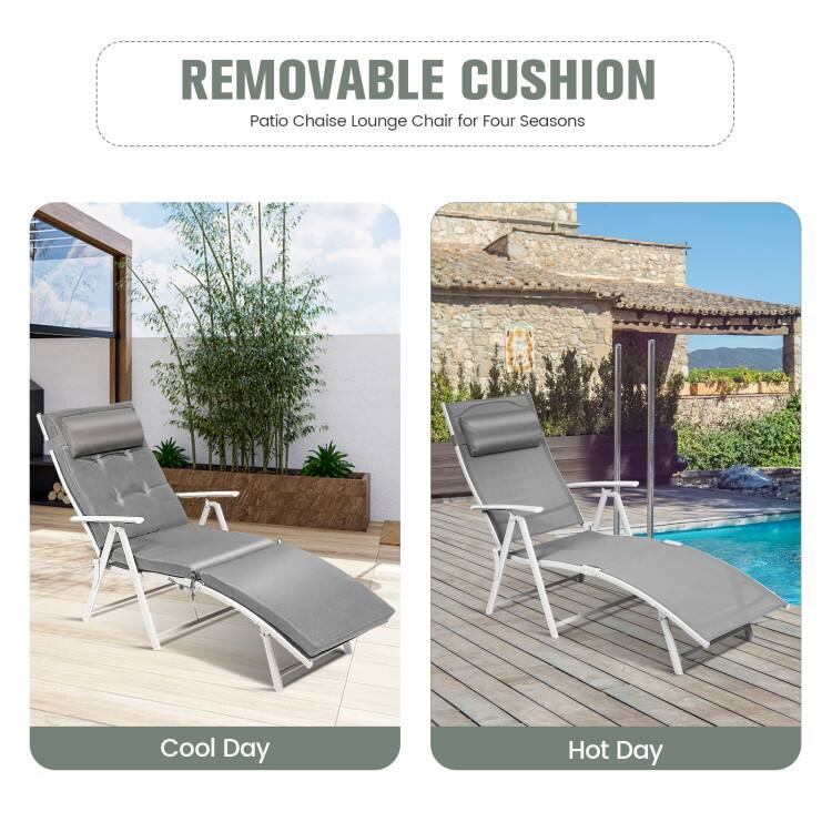 REMOVABLE CUSHION  
Patio Chaise Lounge Chair for Four Seasons  

Cool Day  
Hot Day