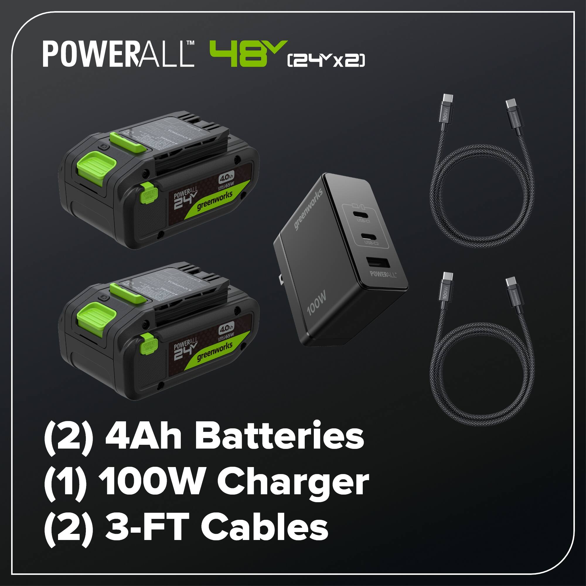 POWERALL 48Y (24Y x 2)  
40 IAA  
POWERALL 24  
greenworks  
greenworks sc - 40  
Wa  
POWERALL 24  
greenworks  
100W  
POWERALL  
(2) 4Ah Batteries  
(1) 100W Charger  
(2) 3-FT Cables