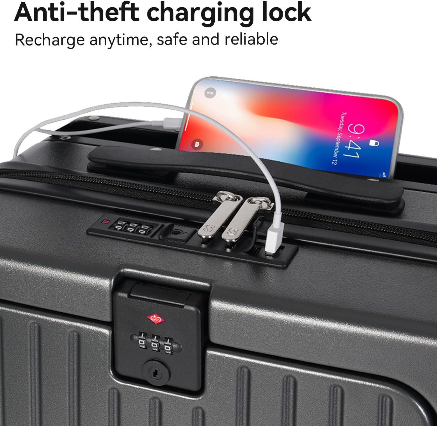 Anti-theft charging lock  
Recharge anytime, safe and reliable  

Tuesday, September 9:41