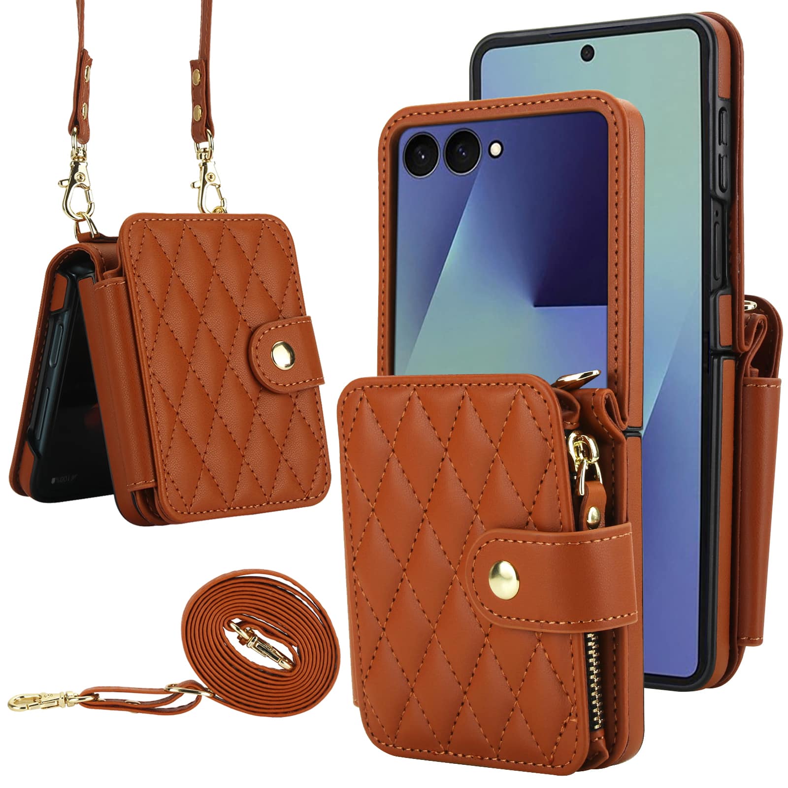 Dteck - Crossbody Quilted PU Leather Wallet Case for Samsung Galaxy Z Flip7,Shock-absorbent RFID Card Pocket Back Cover+Strap - Brown price history on PriceWatchPro