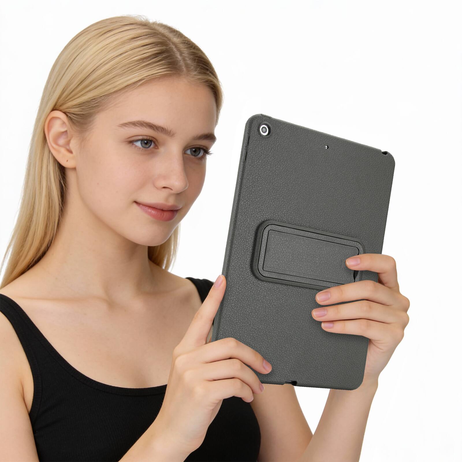 Alt View 3. Dteck - Shockproof Case for Apple iPad (9th Generation) 10.2" 2021, Slim Leather Texture Protective Cover with Folding Kickstand - Gray.