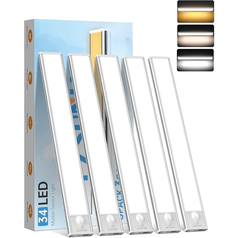ACJPR - 5-Pack Under Cabinet Lighting, Rechargeable Motion Sensor Lights, Dimmable with 3 Color Modes, Magnetic Mount