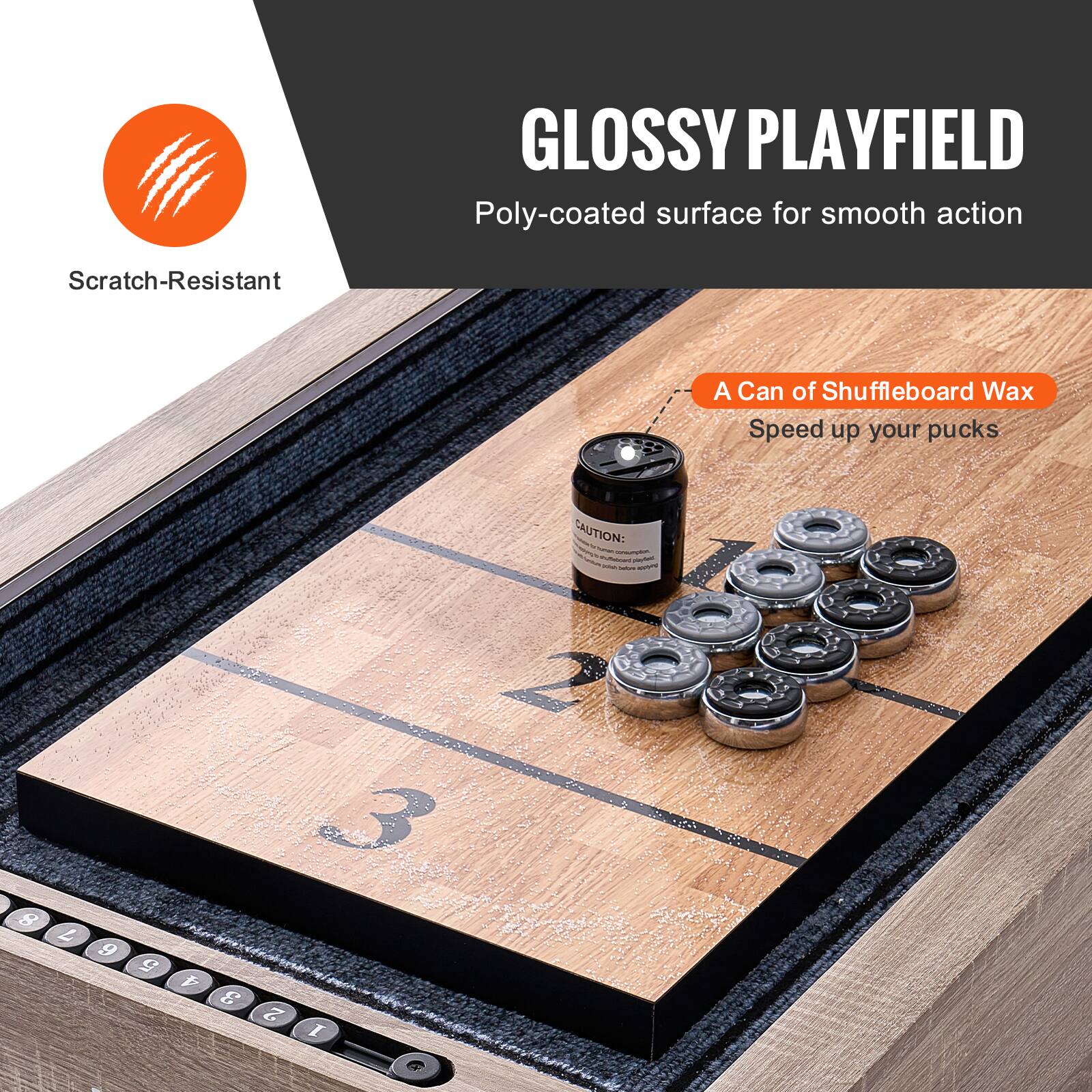 GLOSSY PLAYFIELD, Poly-coated surface for smooth action, Scratch-Resistant, A Can of Shuffleboard Wax, Speed up your pucks, 8 L 9 5 a 3, CAUTION: - - - - - - - 2 3 - 2 I