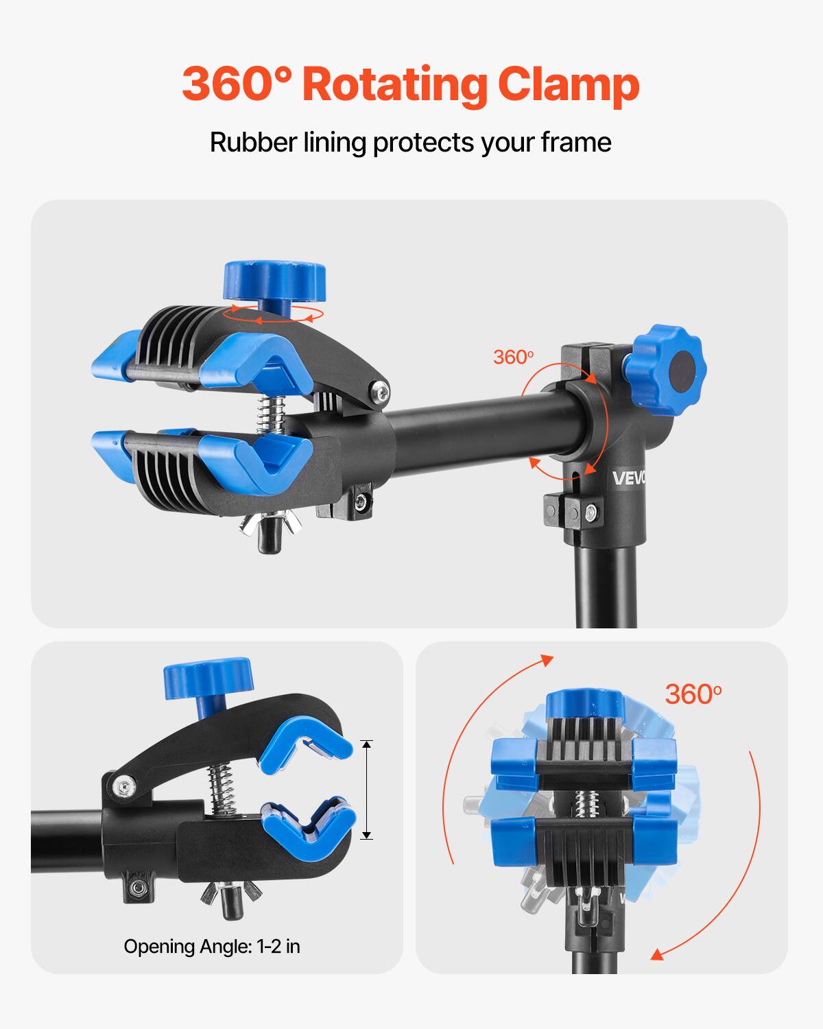 360° Rotating Clamp  
Rubber lining protects your frame  

Opening Angle: 1-2 in