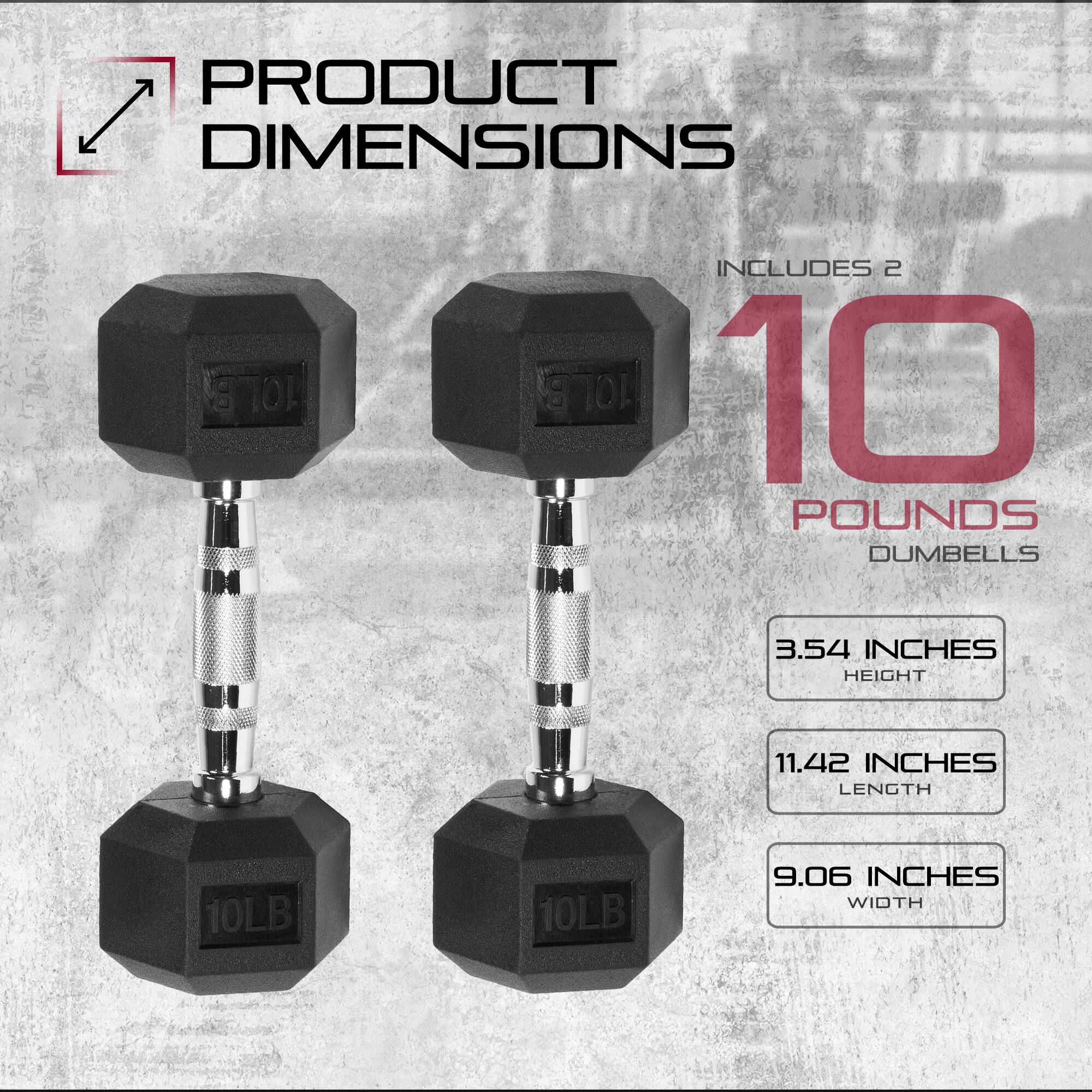 PRODUCT DIMENSIONS  
INCLUDES 2 10LB DUMBBELLS  
10 POUNDS  
3.54 INCHES HEIGHT  
11.42 INCHES LENGTH  
9.06 INCHES WIDTH
