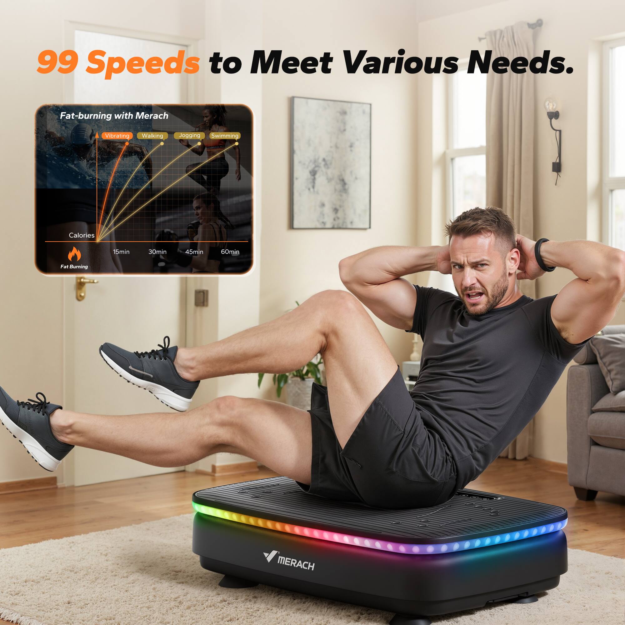 99 Speeds to Meet Various Needs.  
Fat-burning with Merach  
Vibrating Walking Jogging Swimming  
Calories  
15min 30min 45min 60min  
Fat Burning
